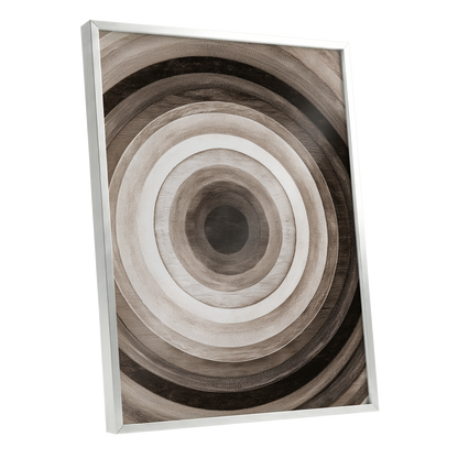 Earthen Echoes, brown, beige, black abstract wall art shown as a silver framed poster wall art print