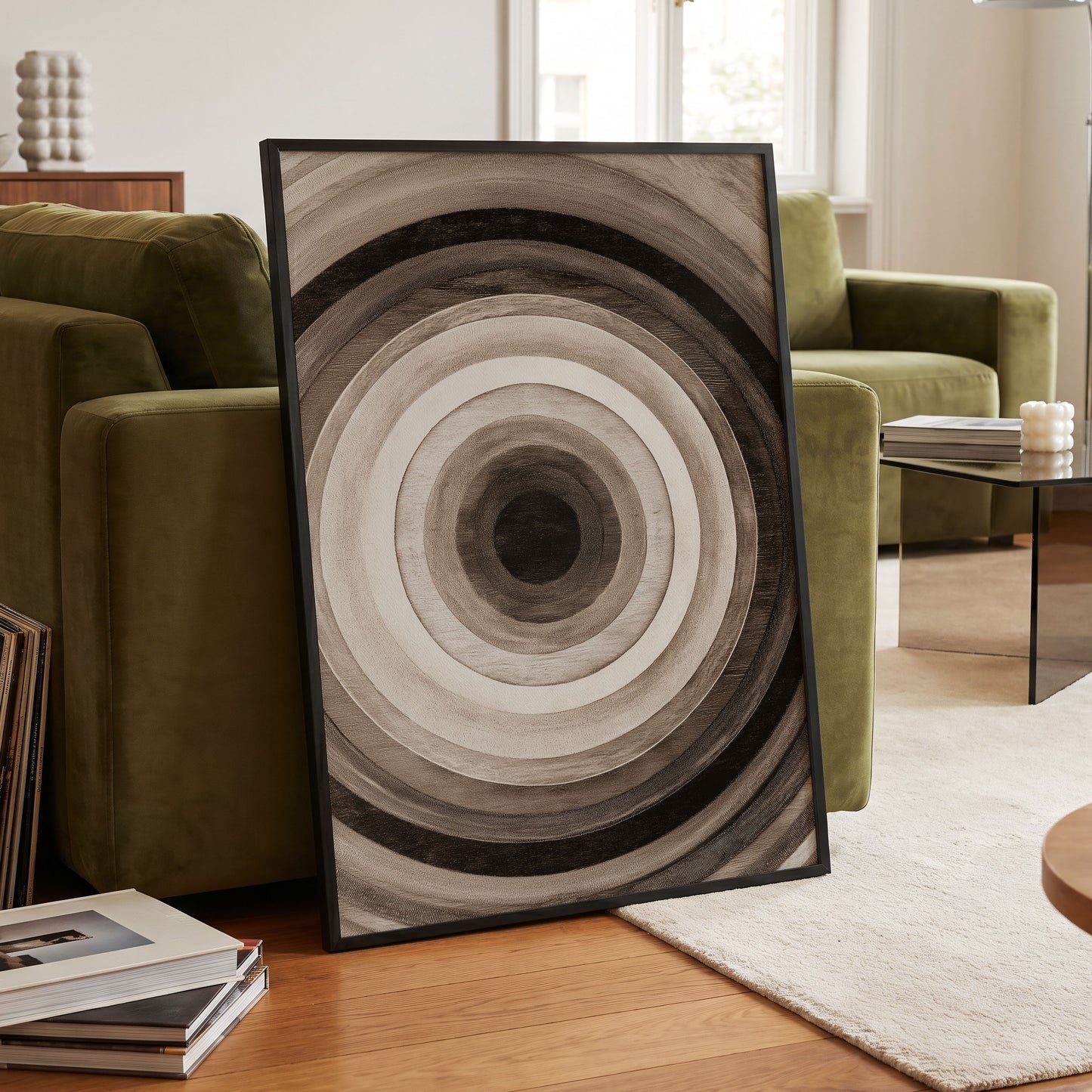 Earthen Echoes, brown, beige, black abstract wall art displayed in a styled interior, gallery view 2