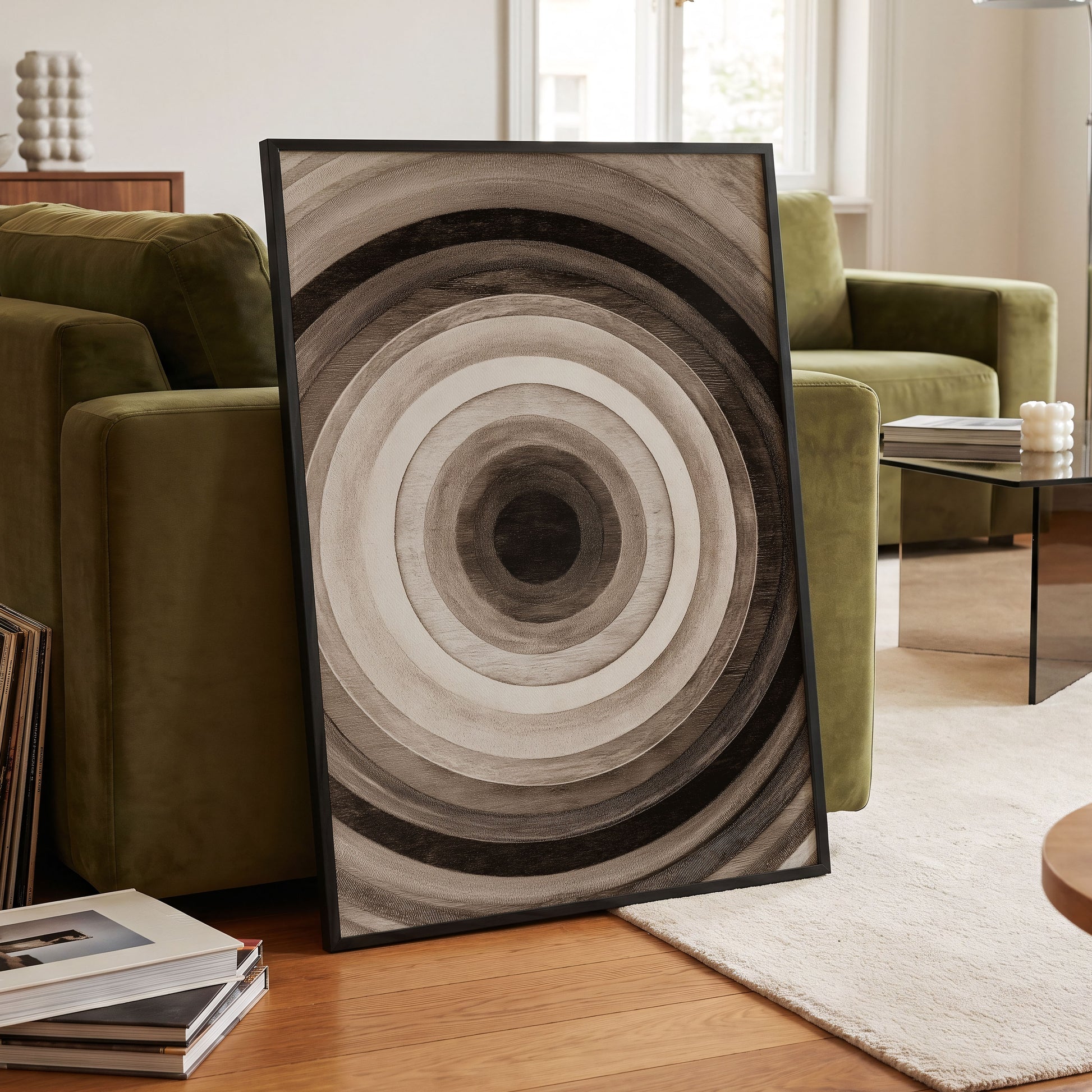 Earthen Echoes, brown, beige, black abstract wall art displayed in a styled interior, gallery view 2