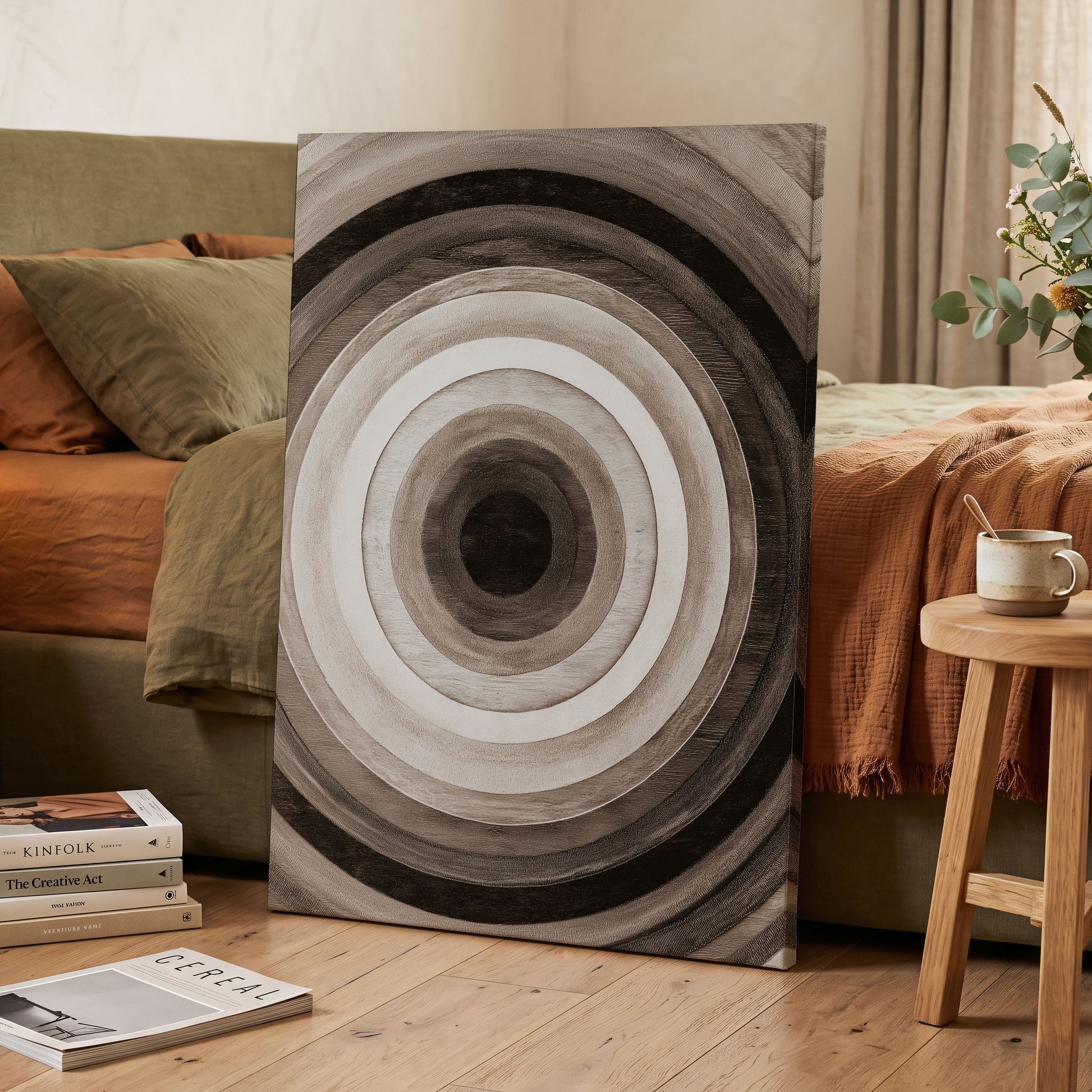 Earthen Echoes, brown, beige, black abstract wall art displayed in a styled interior, gallery view 3