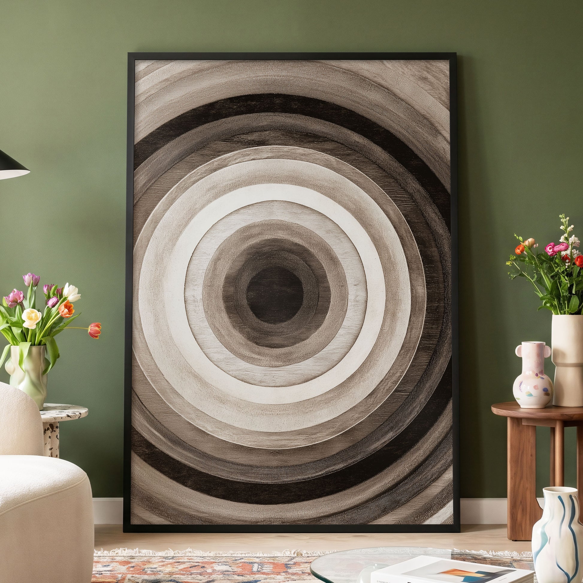 Earthen Echoes, brown, beige, black abstract wall art displayed in a styled interior, gallery view 6