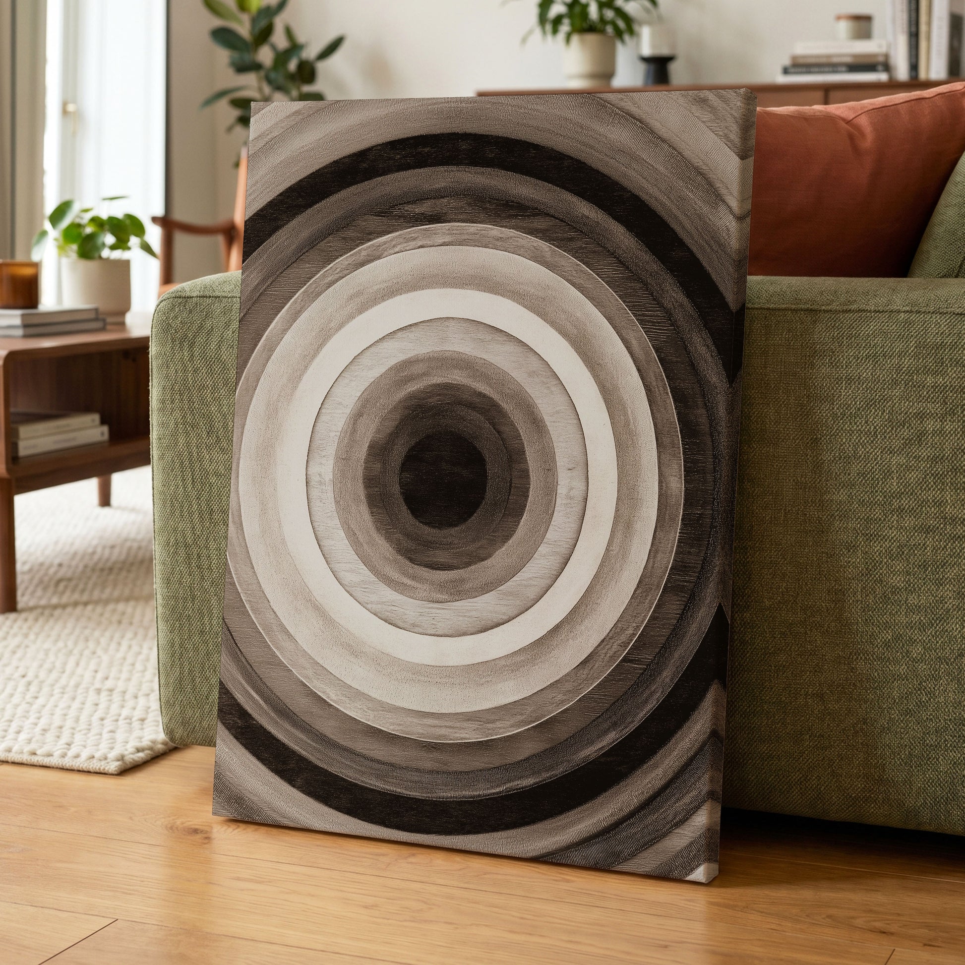 Earthen Echoes, brown, beige, black abstract wall art displayed in a styled interior, gallery view 7
