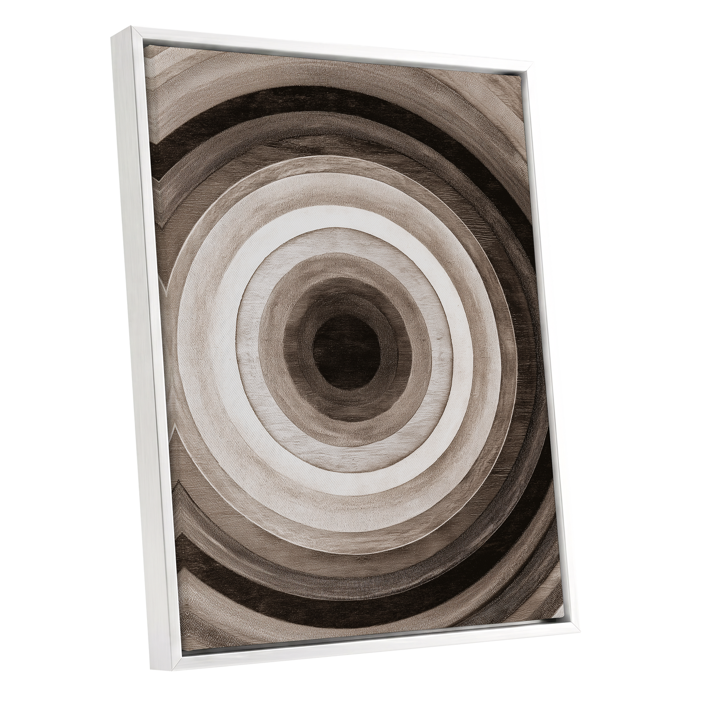 Earthen Echoes, brown, beige, black abstract wall art shown as a white framed canvas wall art