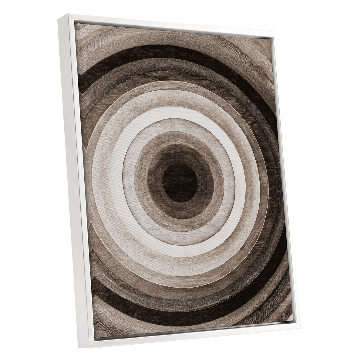 Earthen Echoes, brown, beige, black abstract wall art shown as a white framed canvas wall art