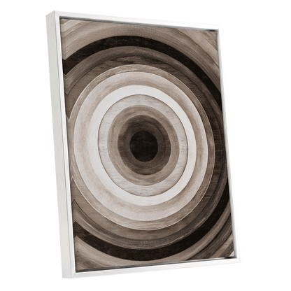 Earthen Echoes, brown, beige, black abstract wall art shown as a white framed canvas wall art