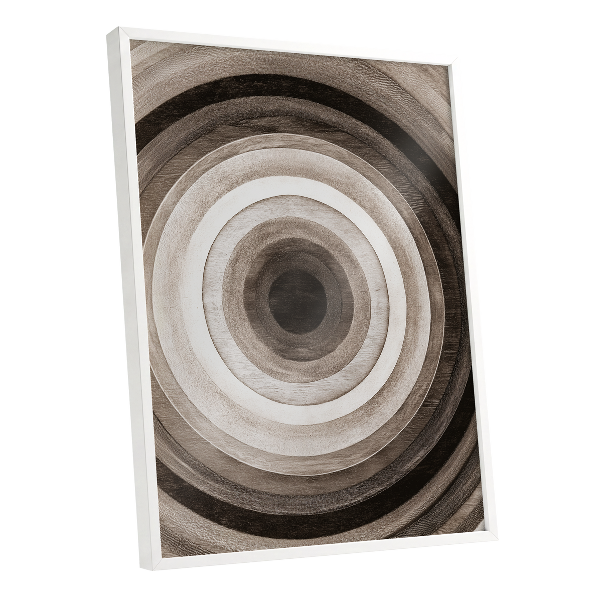 Earthen Echoes, brown, beige, black abstract wall art shown as a white framed poster wall art print