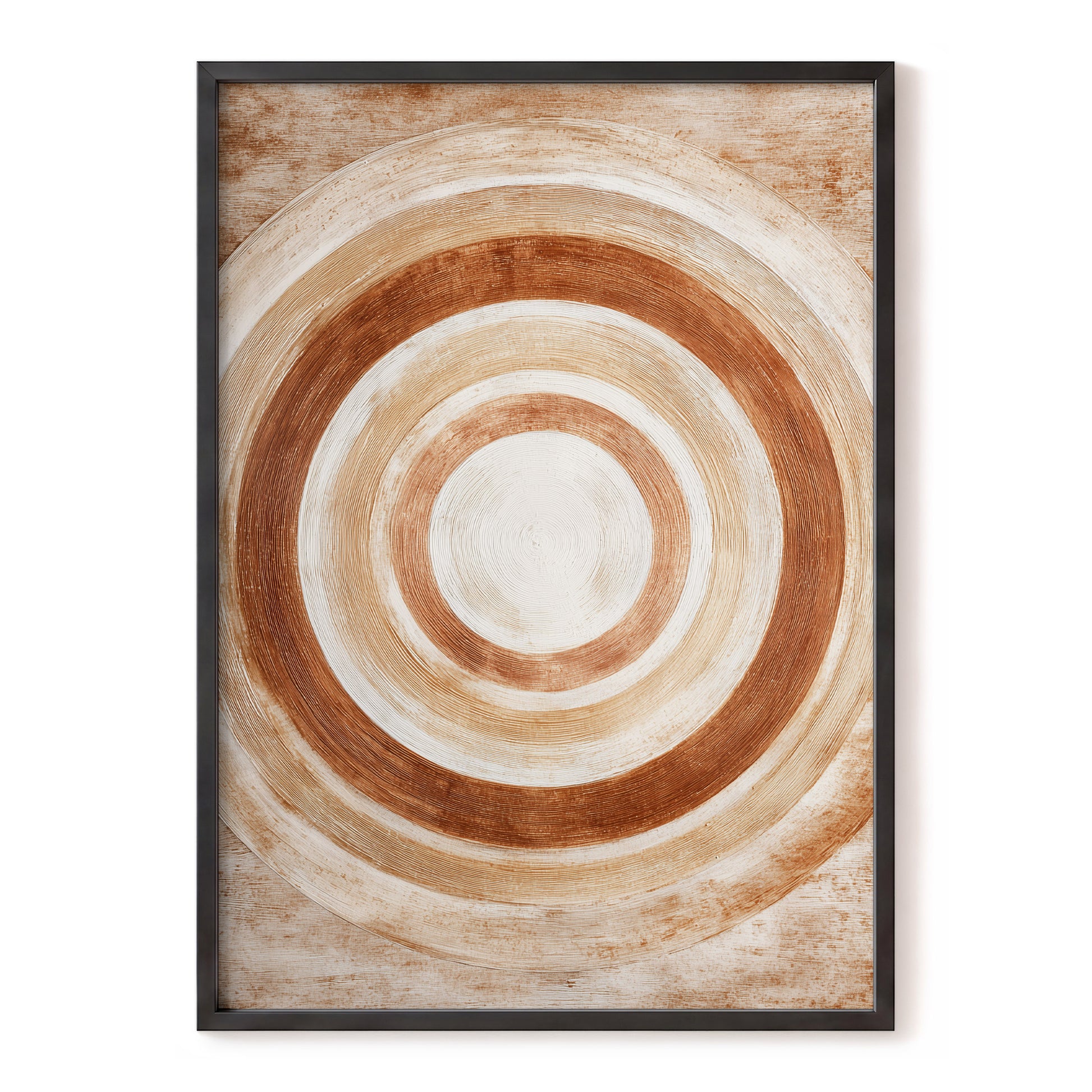 Earthen Orbit, brown, beige, white abstract wall art, front artwork view