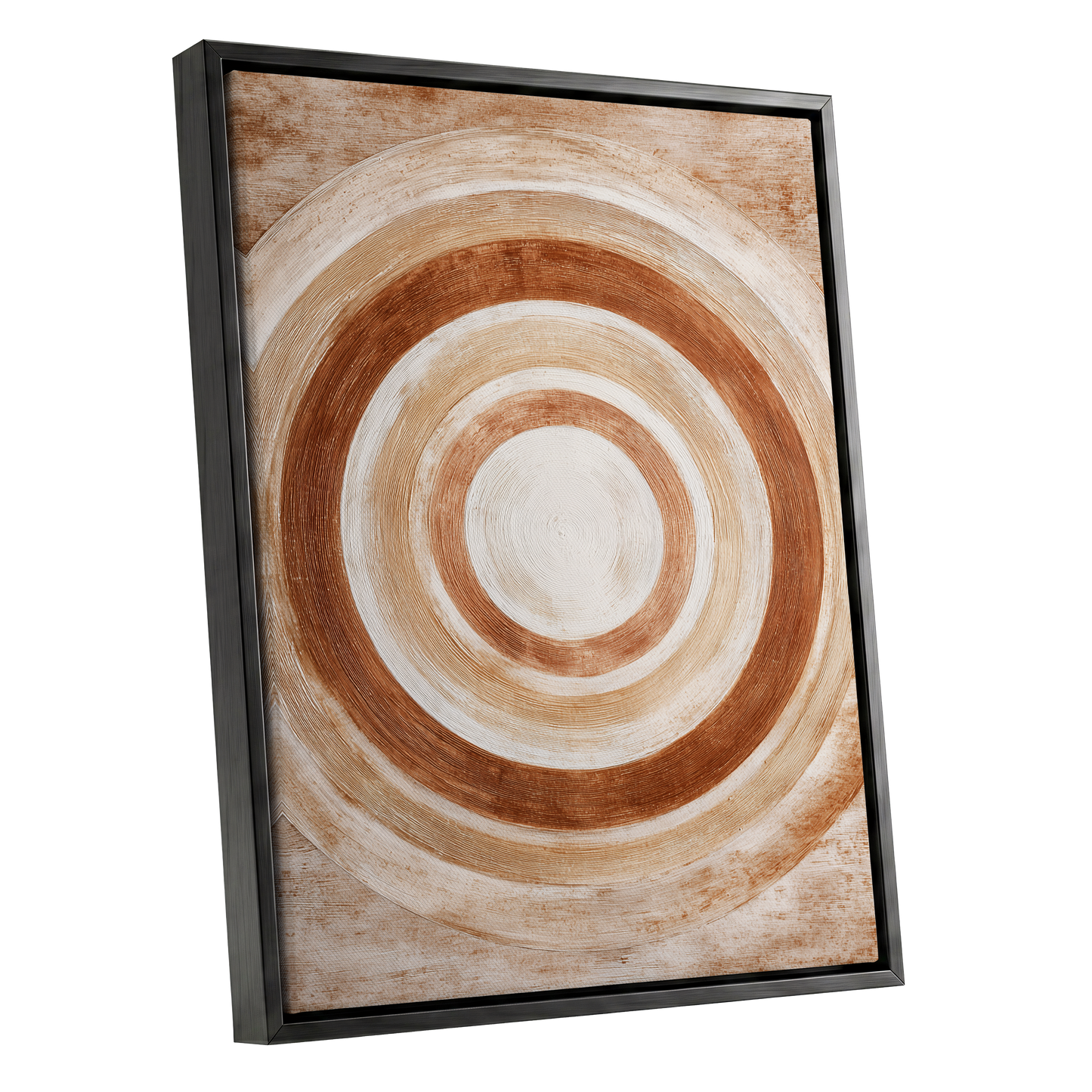 Earthen Orbit, brown, beige, white abstract wall art shown as a black framed canvas wall art