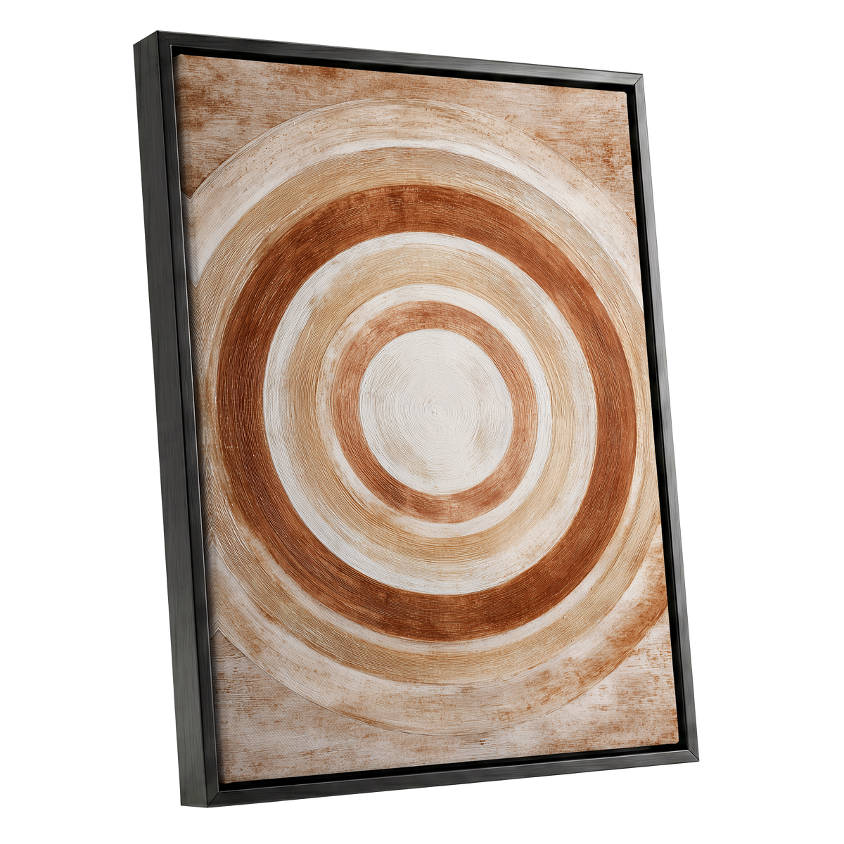 Earthen Orbit, brown, beige, white abstract wall art shown as a black framed canvas wall art