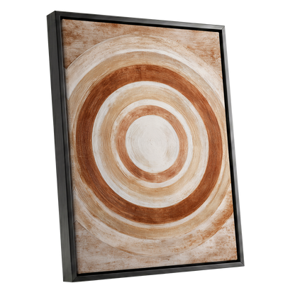 Earthen Orbit, brown, beige, white abstract wall art shown as a black framed canvas wall art