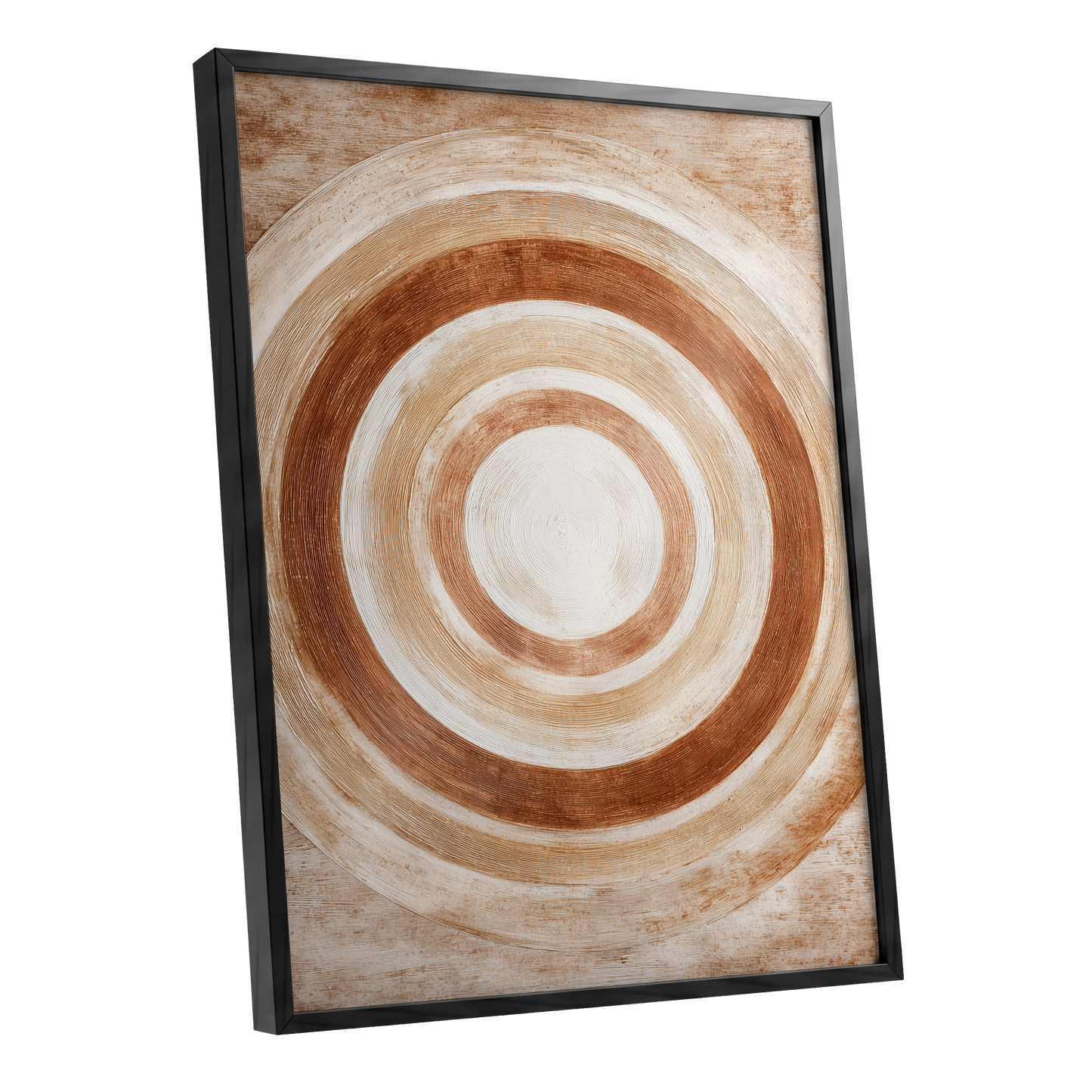 Earthen Orbit, brown, beige, white abstract wall art shown as a black framed poster wall art print