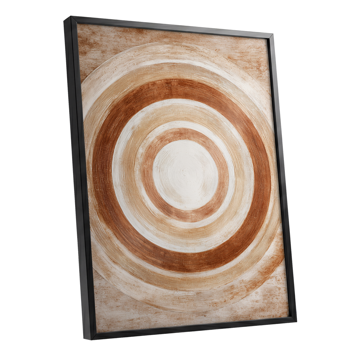 Earthen Orbit, brown, beige, white abstract wall art shown as a black framed poster wall art print