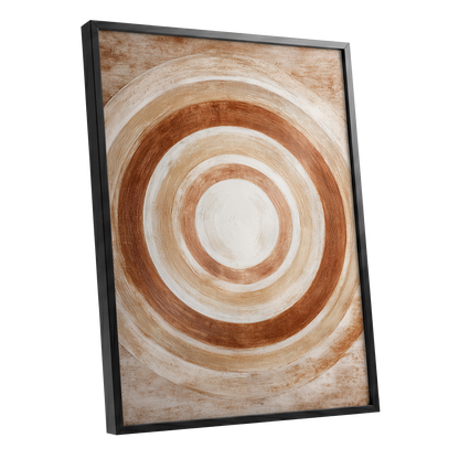 Earthen Orbit, brown, beige, white abstract wall art shown as a black framed poster wall art print