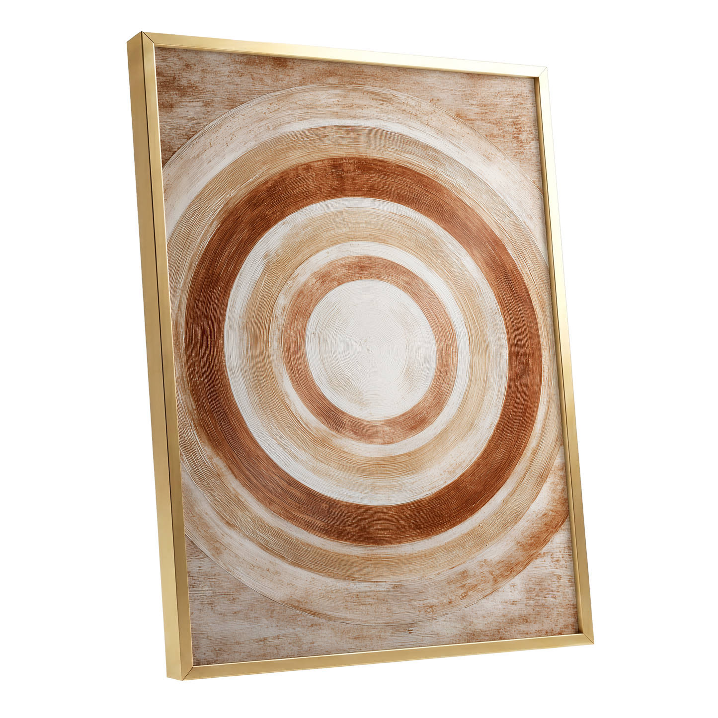 Earthen Orbit, brown, beige, white abstract wall art shown as a gold framed poster wall art print