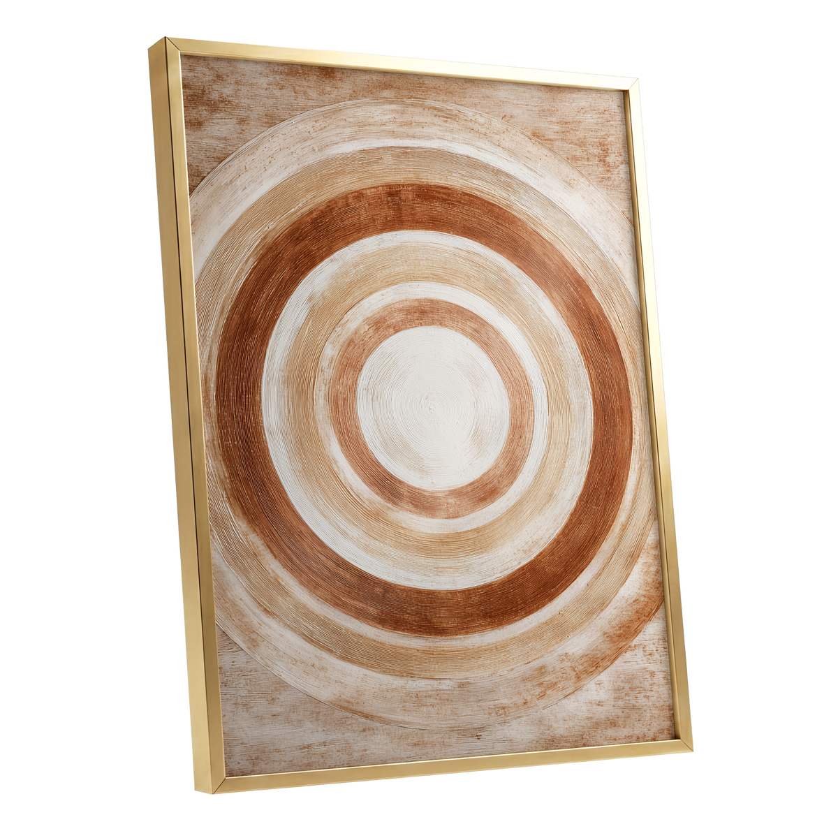 Earthen Orbit, brown, beige, white abstract wall art shown as a gold framed poster wall art print