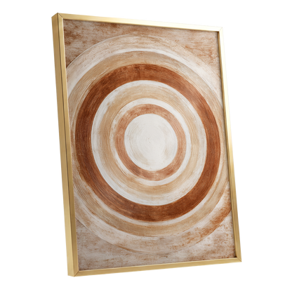 Earthen Orbit, brown, beige, white abstract wall art shown as a gold framed poster wall art print