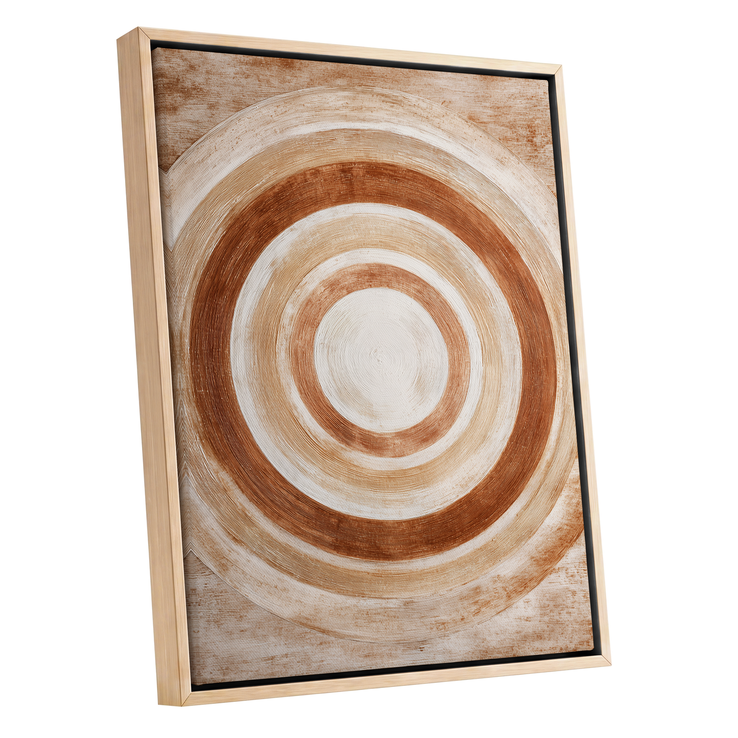 Earthen Orbit, brown, beige, white abstract wall art shown as a oak framed canvas wall art