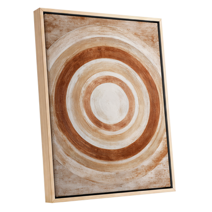 Earthen Orbit, brown, beige, white abstract wall art shown as a oak framed canvas wall art