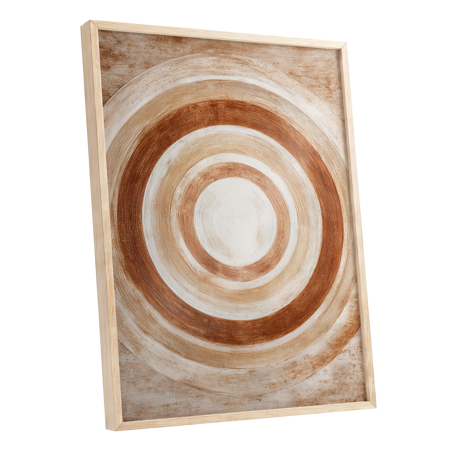 Earthen Orbit, brown, beige, white abstract wall art shown as a oak framed poster wall art print