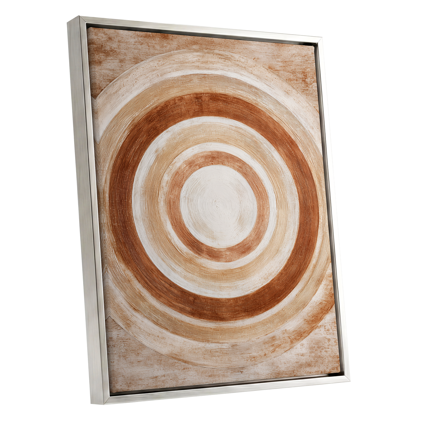 Earthen Orbit, brown, beige, white abstract wall art shown as a silver framed canvas wall art