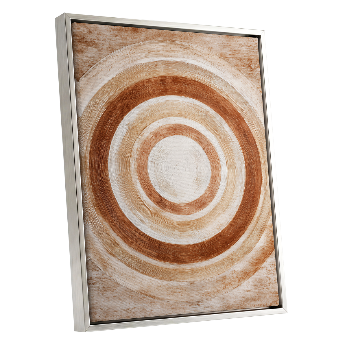 Earthen Orbit, brown, beige, white abstract wall art shown as a silver framed canvas wall art