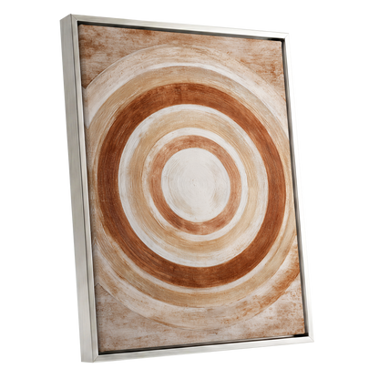 Earthen Orbit, brown, beige, white abstract wall art shown as a silver framed canvas wall art