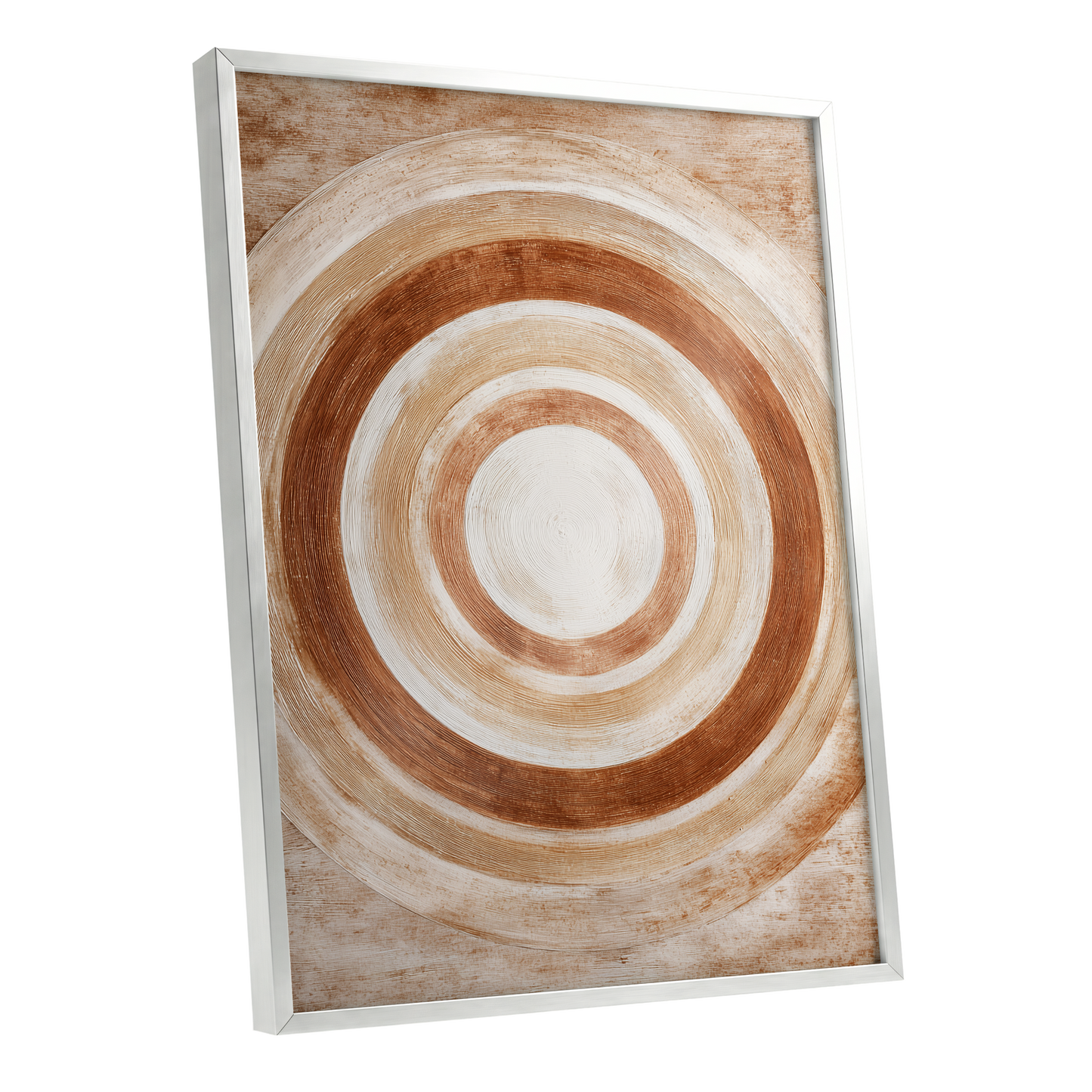 Earthen Orbit, brown, beige, white abstract wall art shown as a silver framed poster wall art print