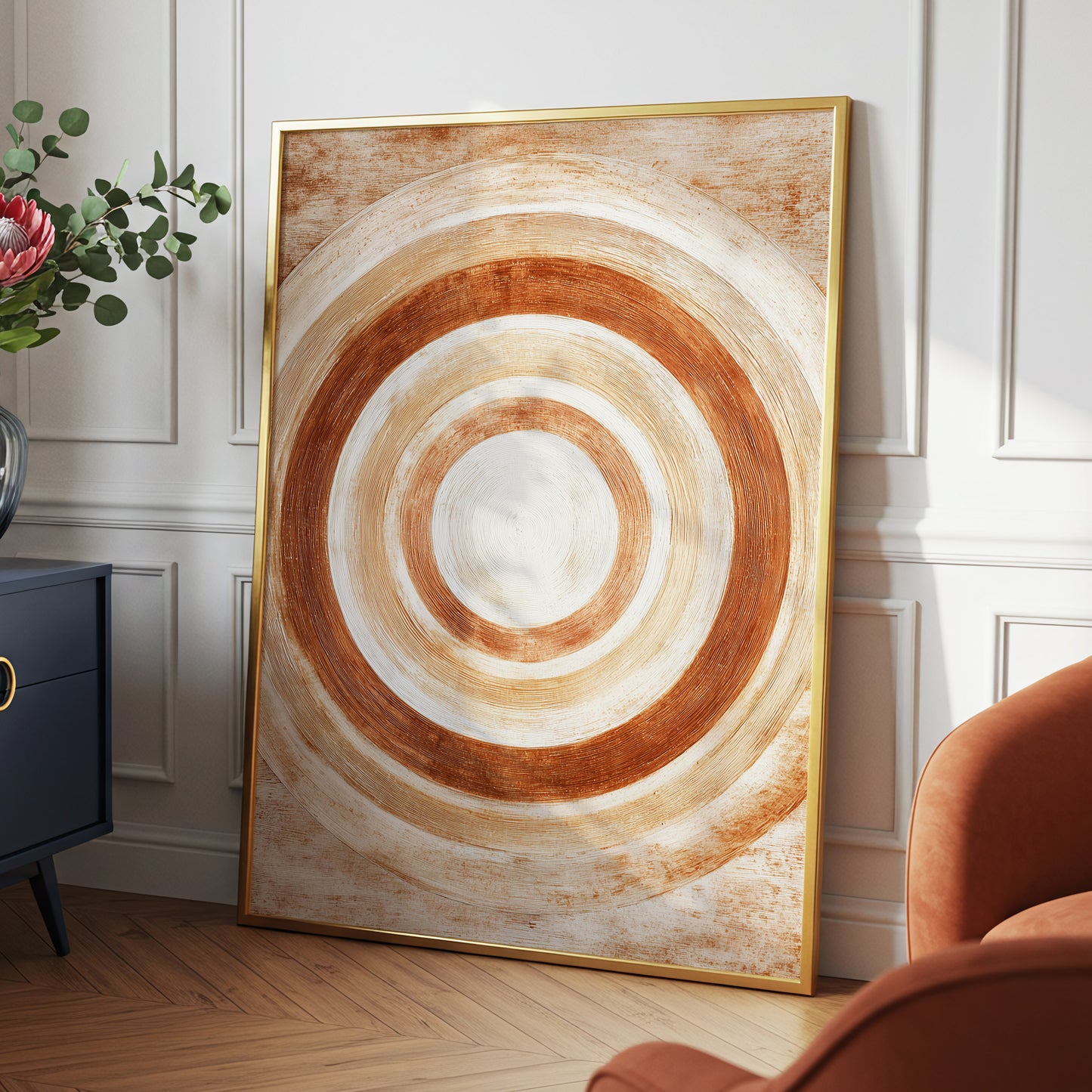 Earthen Orbit, brown, beige, white abstract wall art displayed in a styled interior, gallery view 2