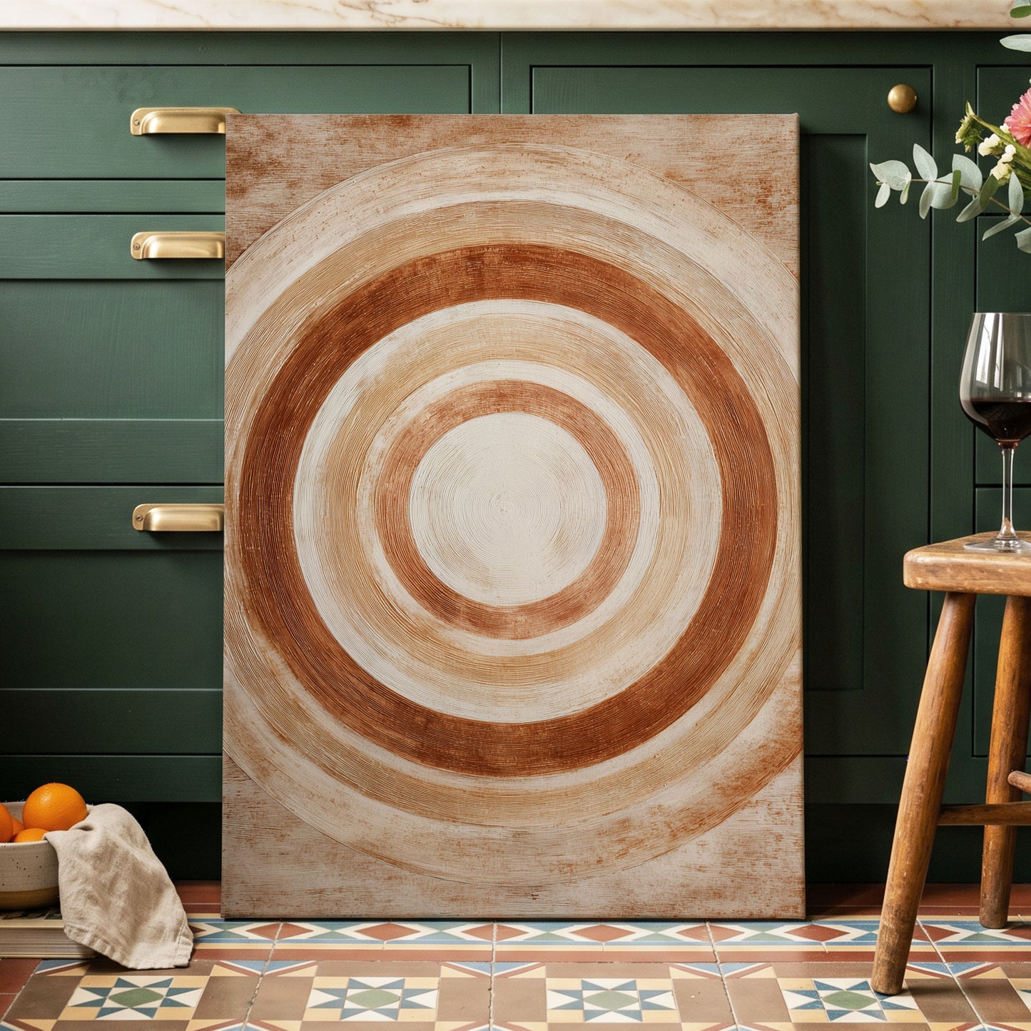 Earthen Orbit, brown, beige, white abstract wall art displayed in a styled interior, gallery view 3