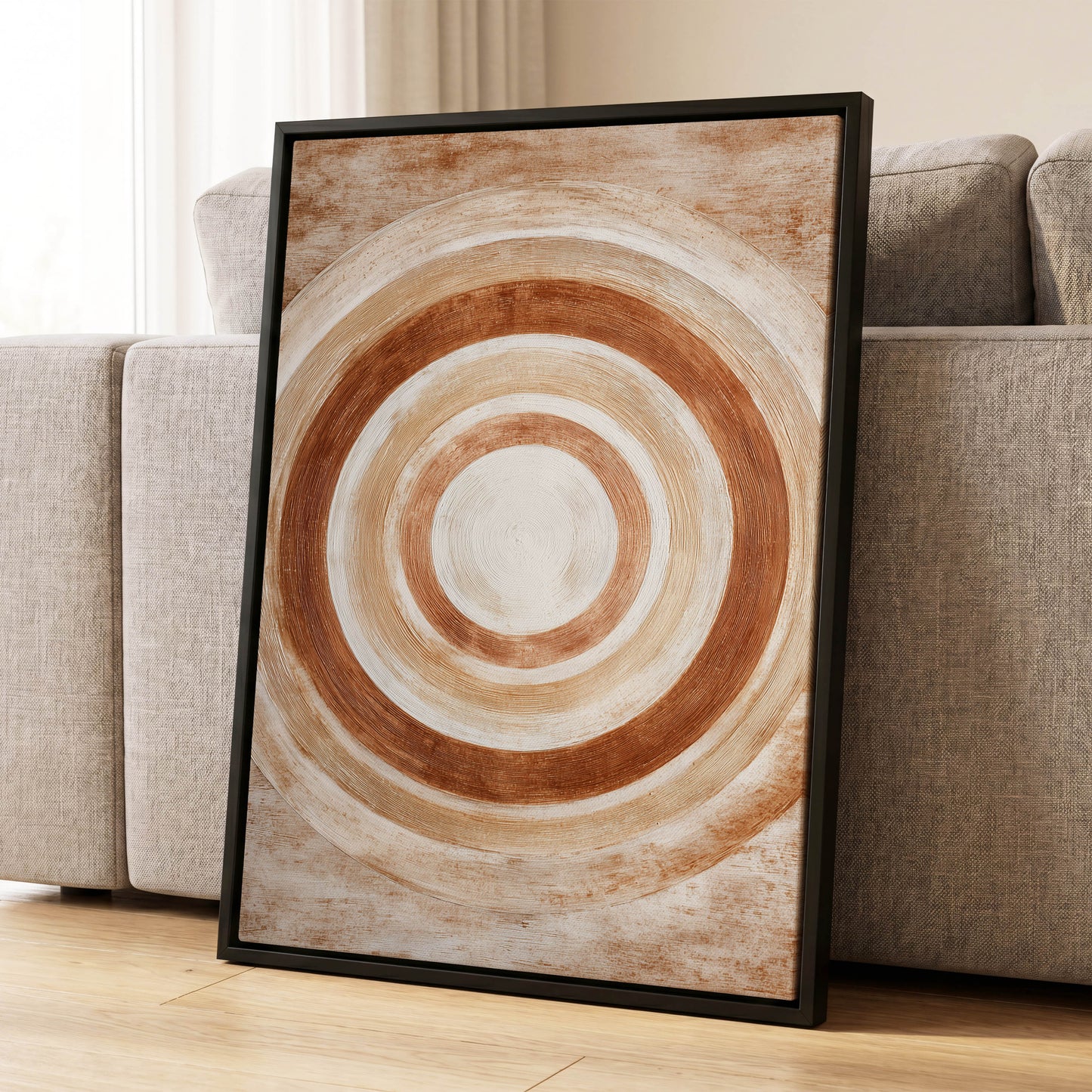Earthen Orbit, brown, beige, white abstract wall art displayed in a styled interior, gallery view 4