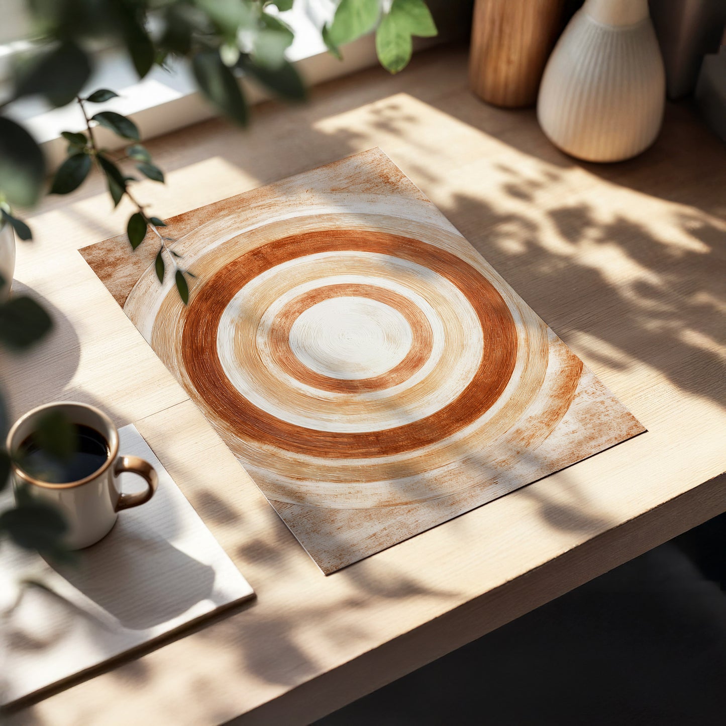 Earthen Orbit, brown, beige, white abstract wall art displayed in a styled interior, gallery view 5
