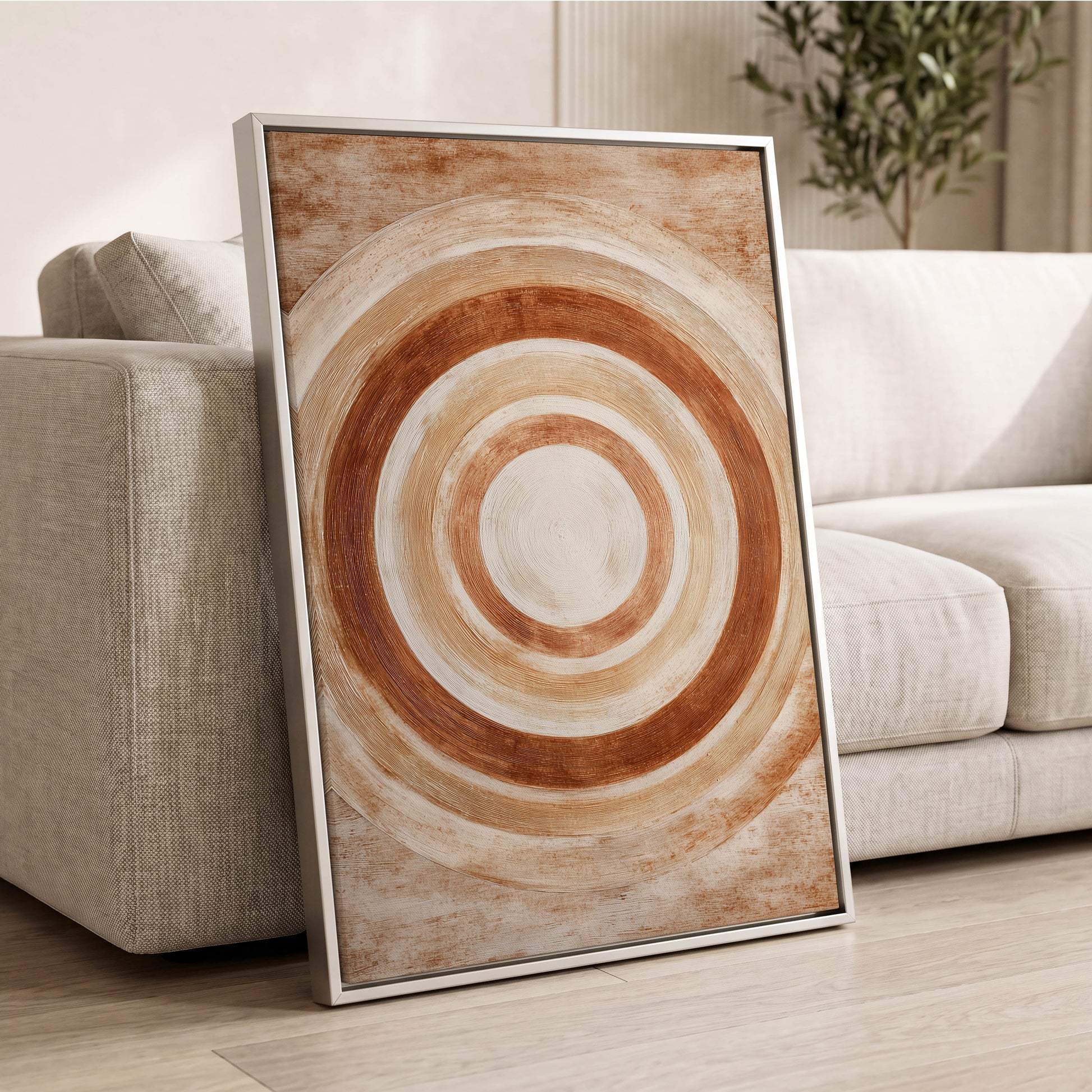 Earthen Orbit, brown, beige, white abstract wall art displayed in a styled interior, gallery view 8