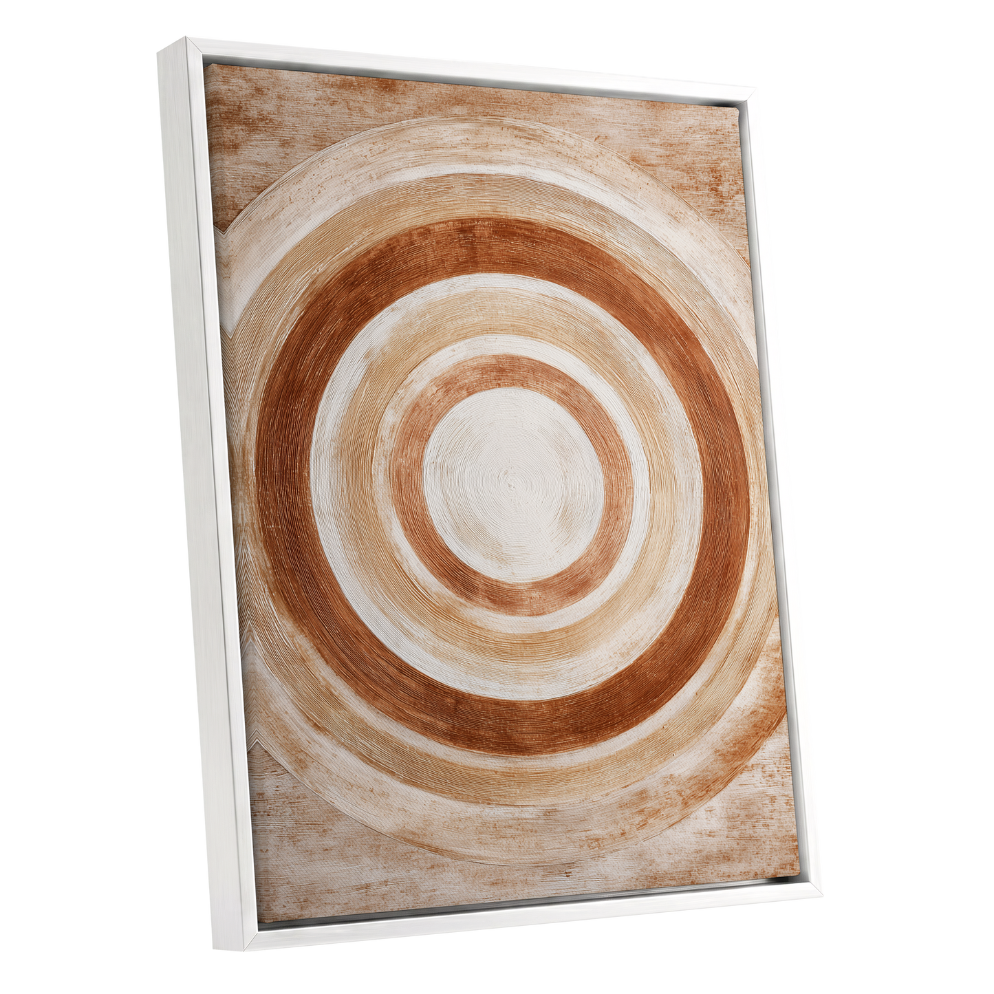 Earthen Orbit, brown, beige, white abstract wall art shown as a white framed canvas wall art