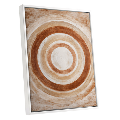 Earthen Orbit, brown, beige, white abstract wall art shown as a white framed canvas wall art
