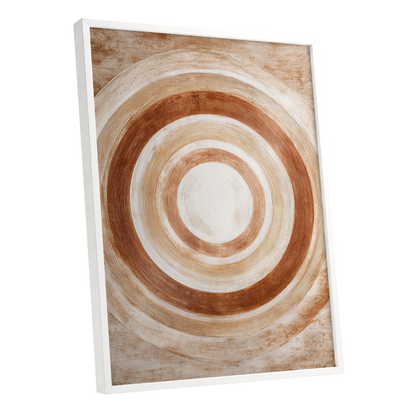 Earthen Orbit, brown, beige, white abstract wall art shown as a white framed poster wall art print