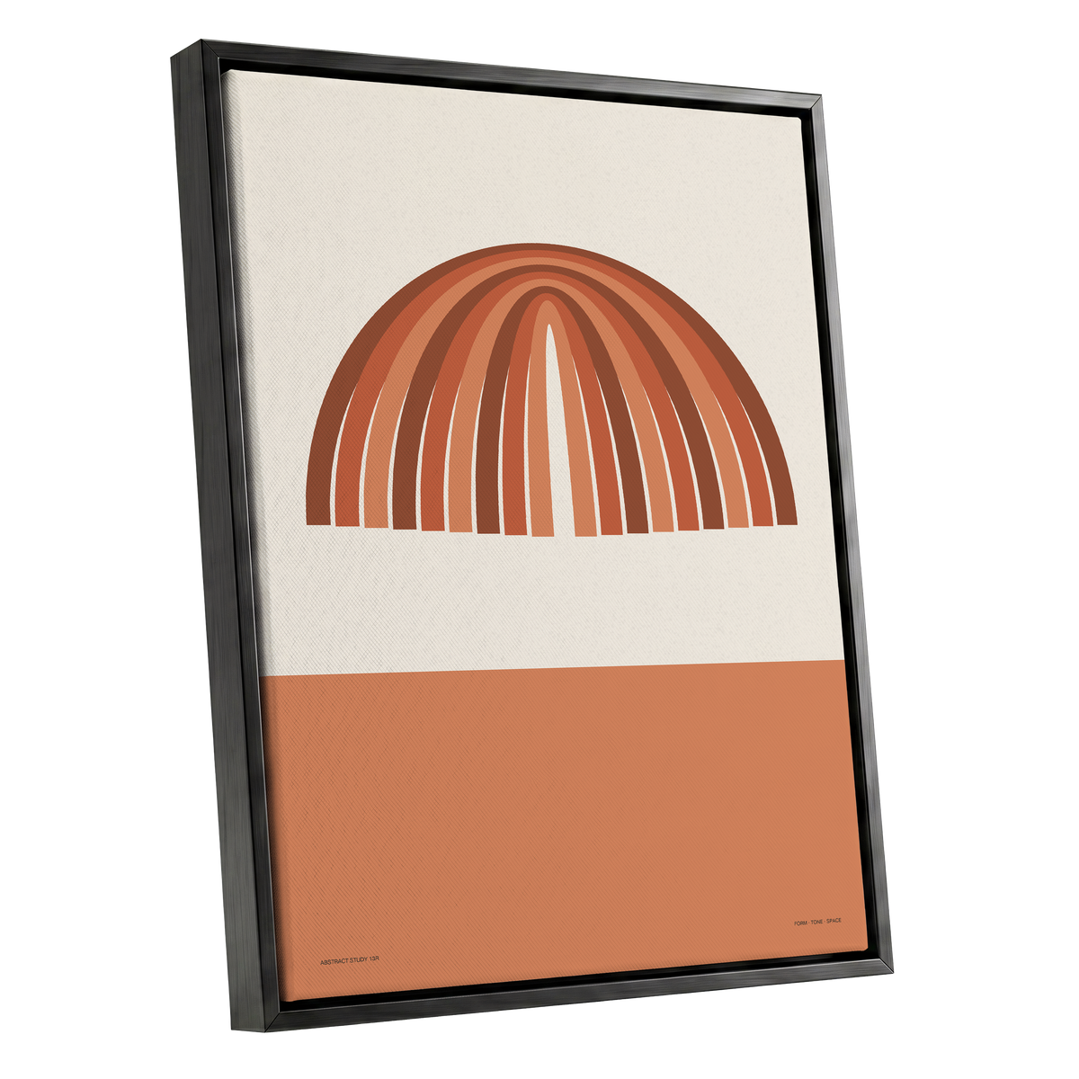 Earthen Portal Cadence, beige, brown, orange minimalist wall art shown as a black framed canvas wall art