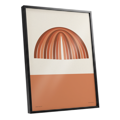 Earthen Portal Cadence, beige, brown, orange minimalist wall art shown as a black framed poster wall art print