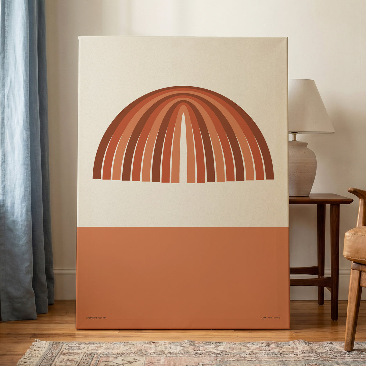 Earthen Portal Cadence, beige, brown, orange minimalist wall art on canvas displayed in a styled interior, gallery view 1