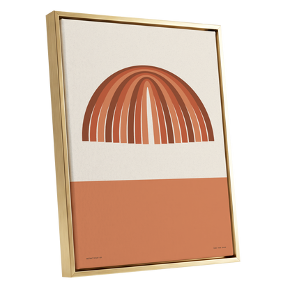 Earthen Portal Cadence, beige, brown, orange minimalist wall art shown as a gold framed canvas wall art