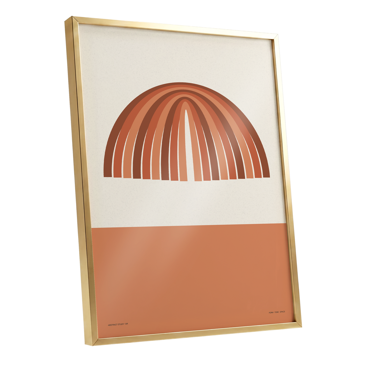 Earthen Portal Cadence, beige, brown, orange minimalist wall art shown as a gold framed poster wall art print