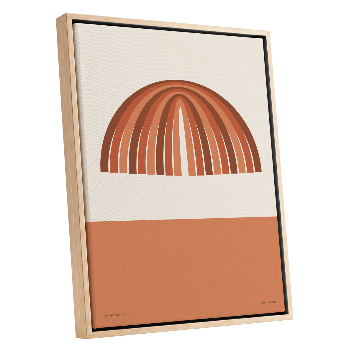 Earthen Portal Cadence, beige, brown, orange minimalist wall art shown as a oak framed canvas wall art
