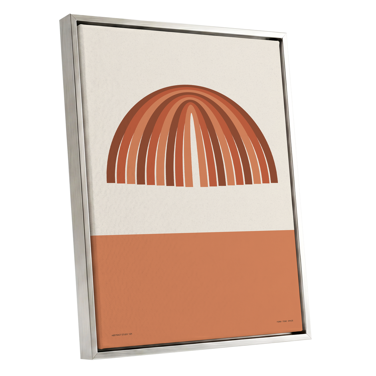 Earthen Portal Cadence, beige, brown, orange minimalist wall art shown as a silver framed canvas wall art