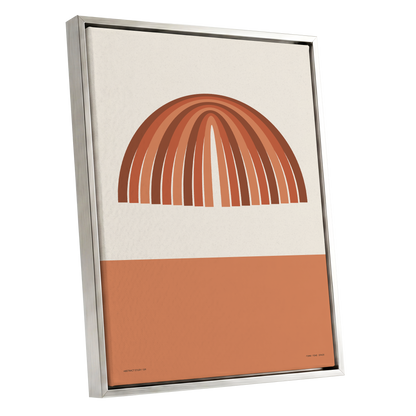 Earthen Portal Cadence, beige, brown, orange minimalist wall art shown as a silver framed canvas wall art