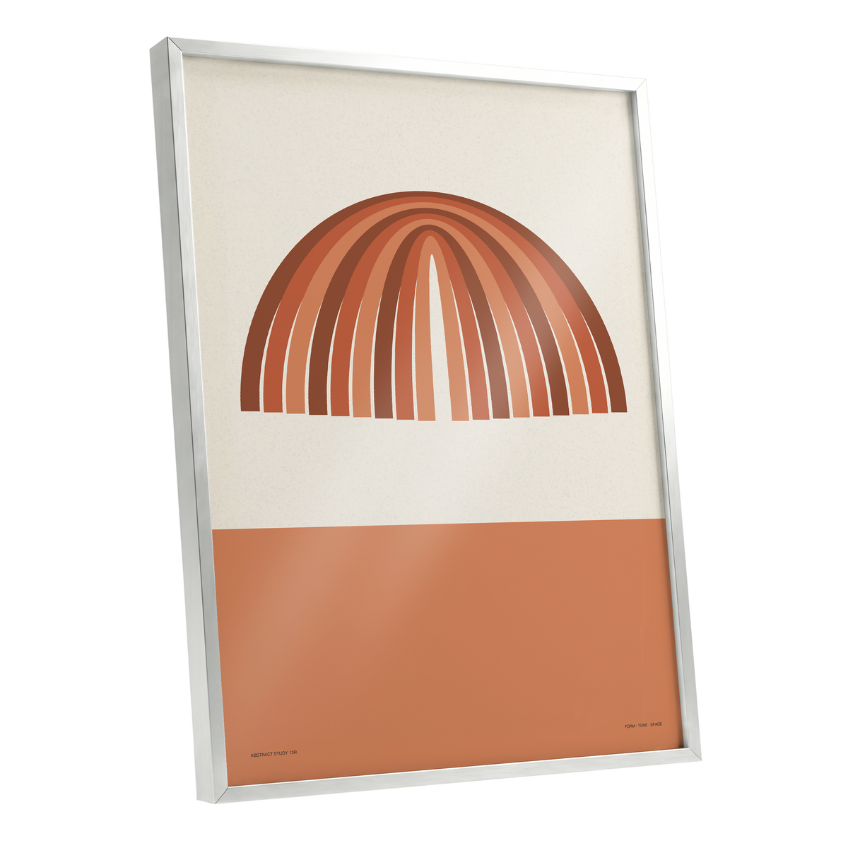 Earthen Portal Cadence, beige, brown, orange minimalist wall art shown as a silver framed poster wall art print