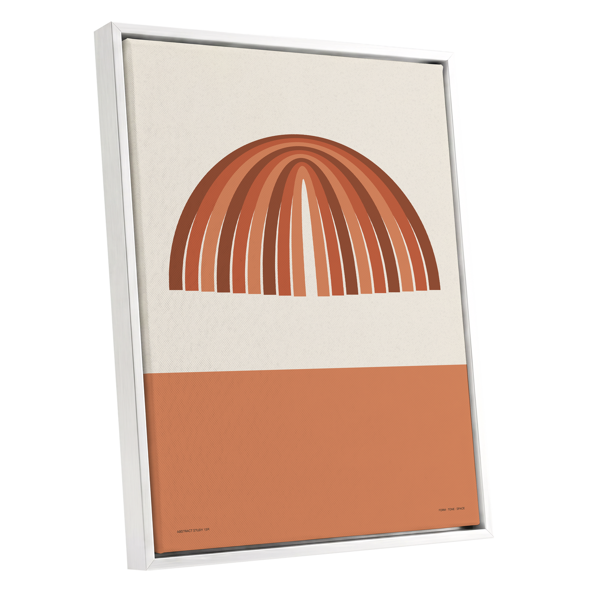 Earthen Portal Cadence, beige, brown, orange minimalist wall art shown as a white framed canvas wall art