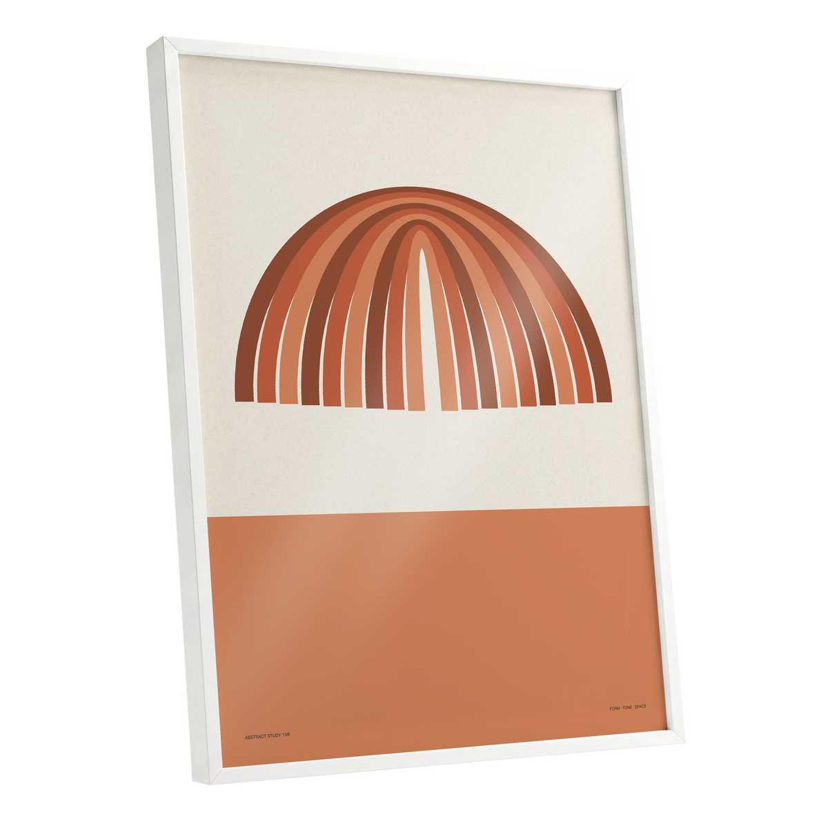 Earthen Portal Cadence, beige, brown, orange minimalist wall art shown as a white framed poster wall art print