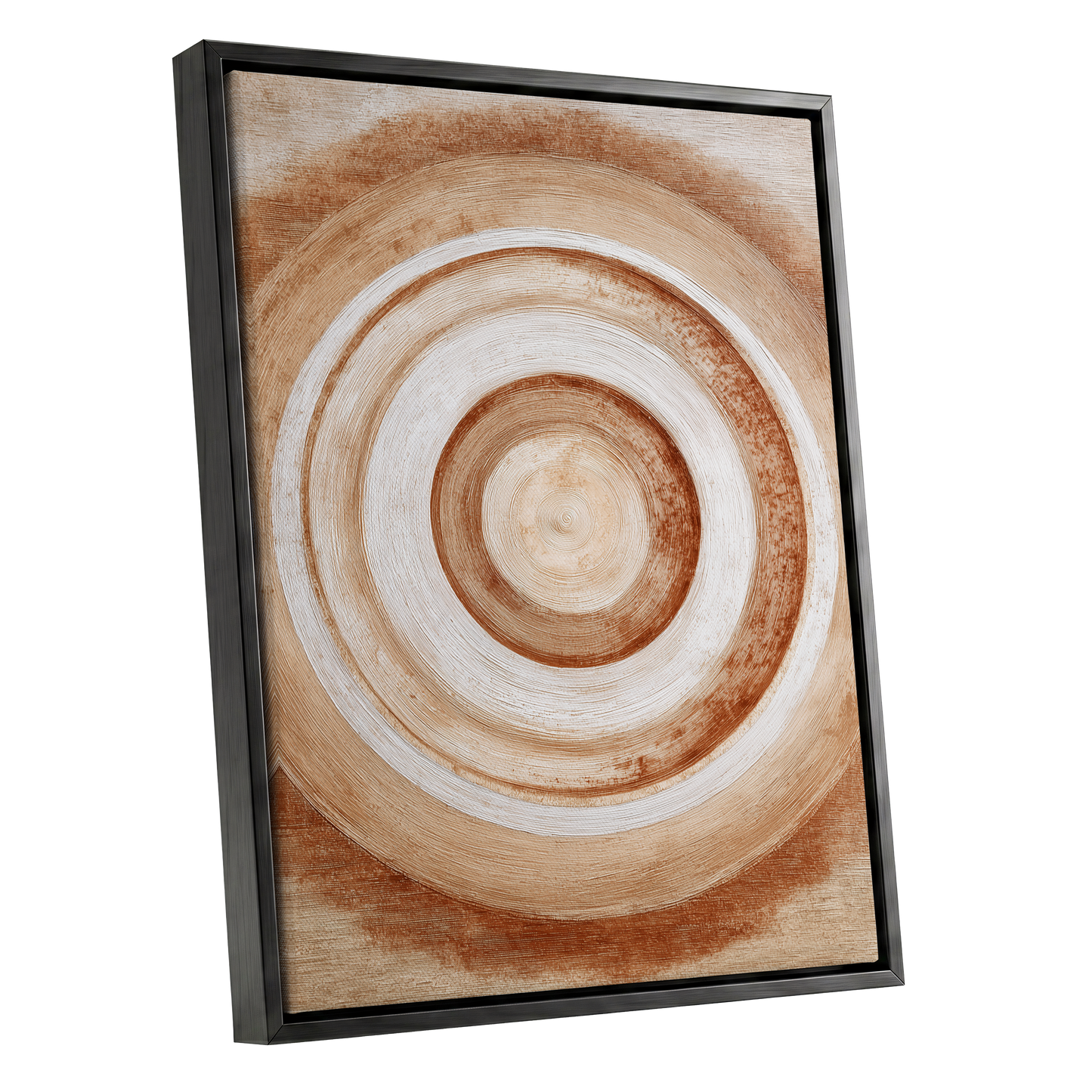 Earthen Resonance, brown, beige, white abstract wall art shown as a black framed canvas wall art