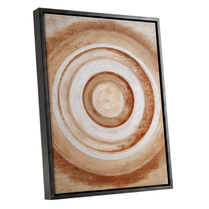 Earthen Resonance, brown, beige, white abstract wall art shown as a black framed canvas wall art