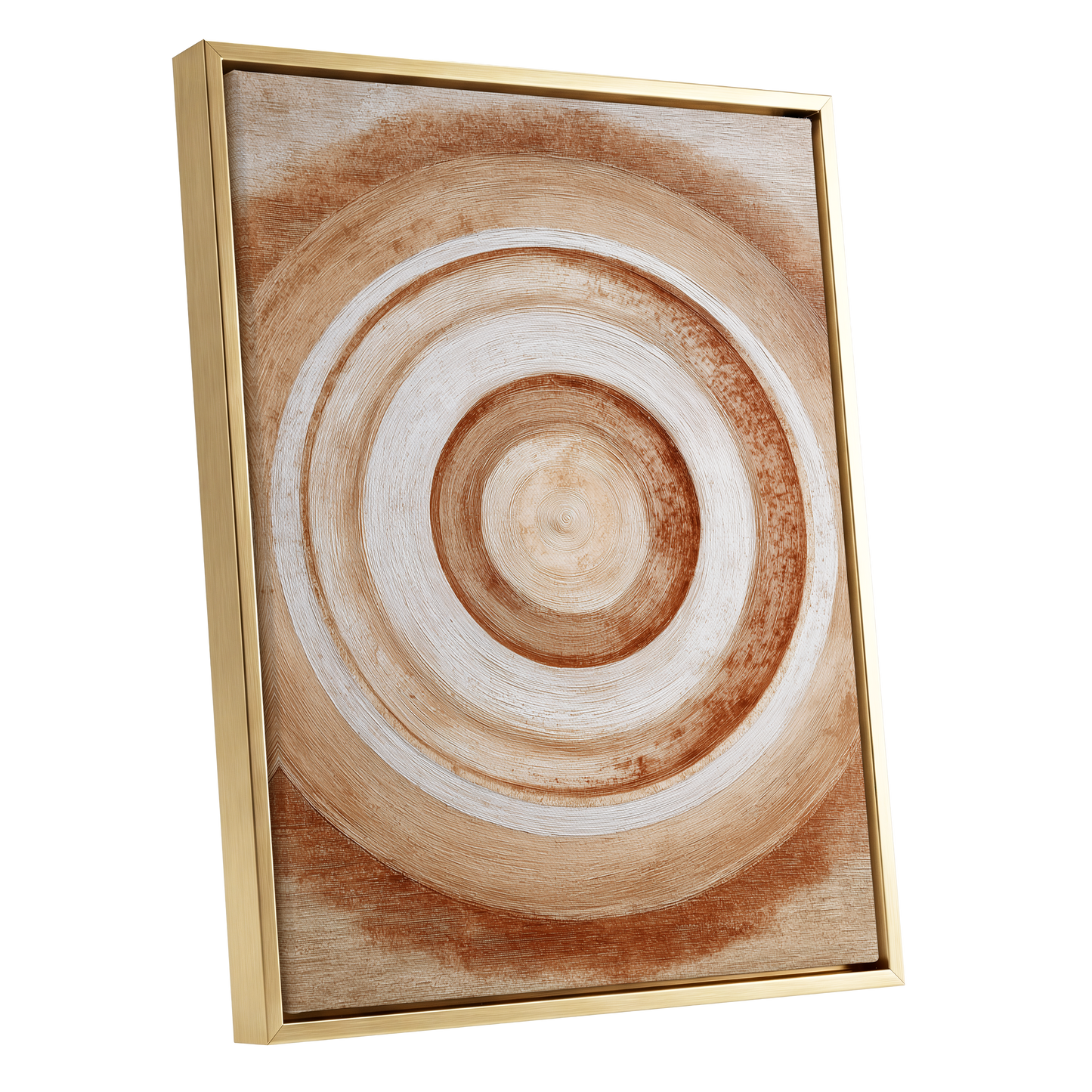 Earthen Resonance, brown, beige, white abstract wall art shown as a gold framed canvas wall art