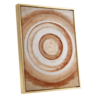 Earthen Resonance, brown, beige, white abstract wall art shown as a gold framed canvas wall art